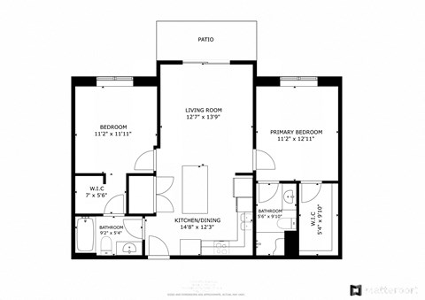 Floor plan for 2 beds, 2 baths, 912 sqft